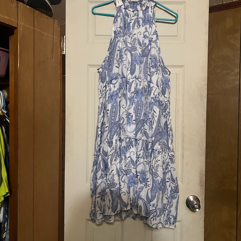 Sleeveless blue and white floral dress